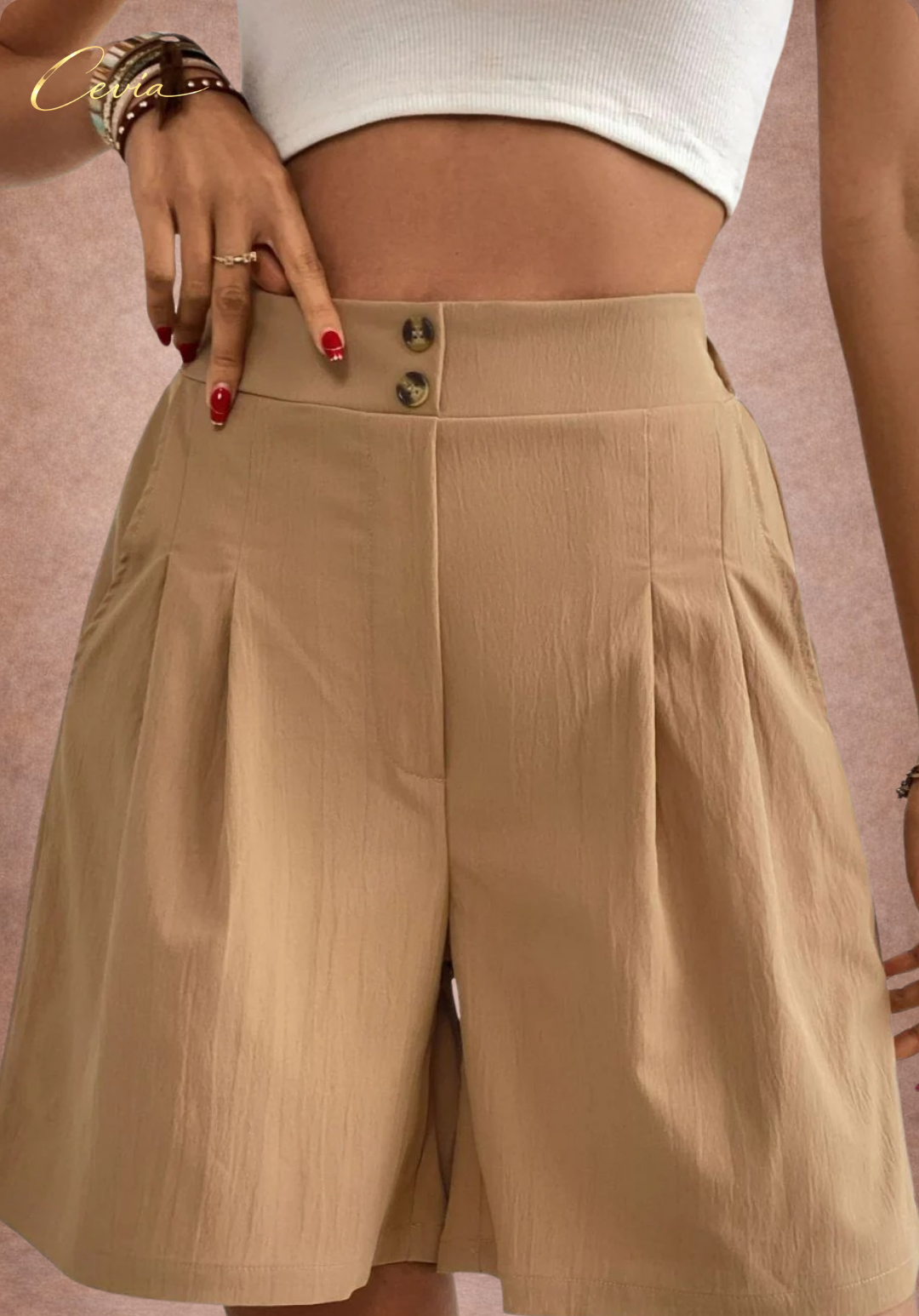 Camel High-Waist Button-Front Pleated Shorts