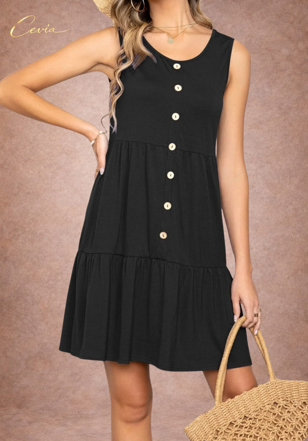 Button Front Sleeveless Tiered Dress