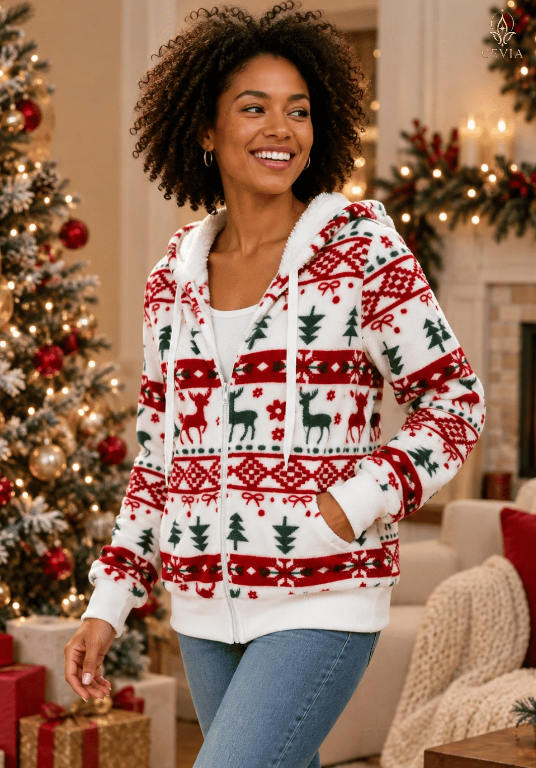 هودي كريسماس Enchanted Reindeer Fair Isle بسحّاب