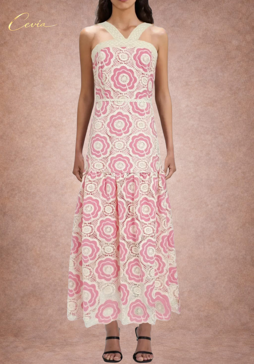 The Elowyn Lace-Bouquet Halter Maxi Dress