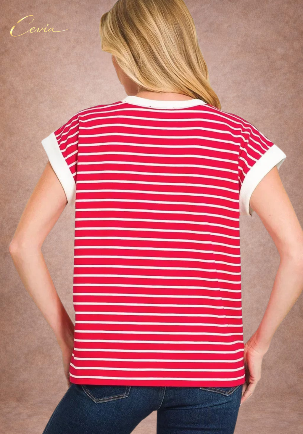 Contrast Trim Striped Cap Sleeve Tee