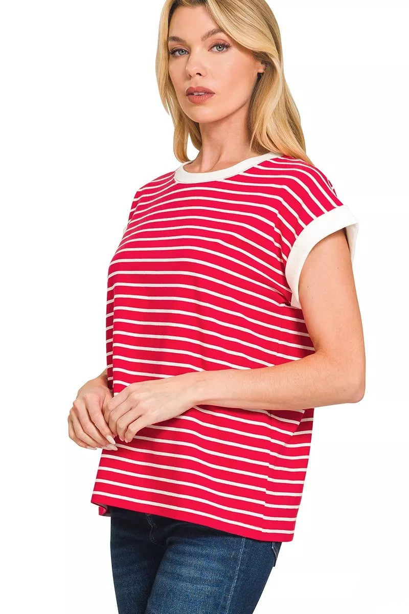 Contrast Trim Striped Cap Sleeve Tee