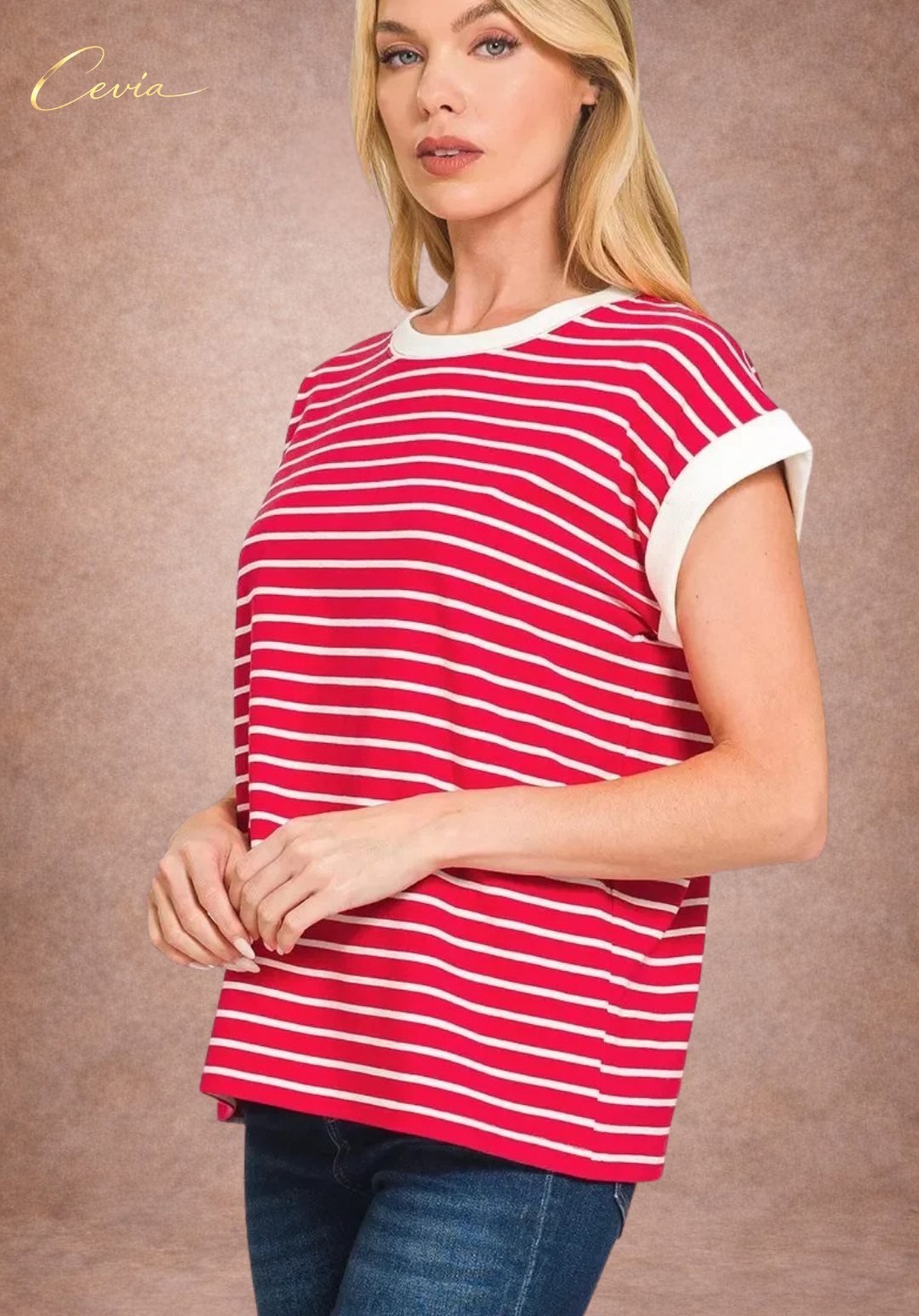 Contrast Trim Striped Cap Sleeve Tee