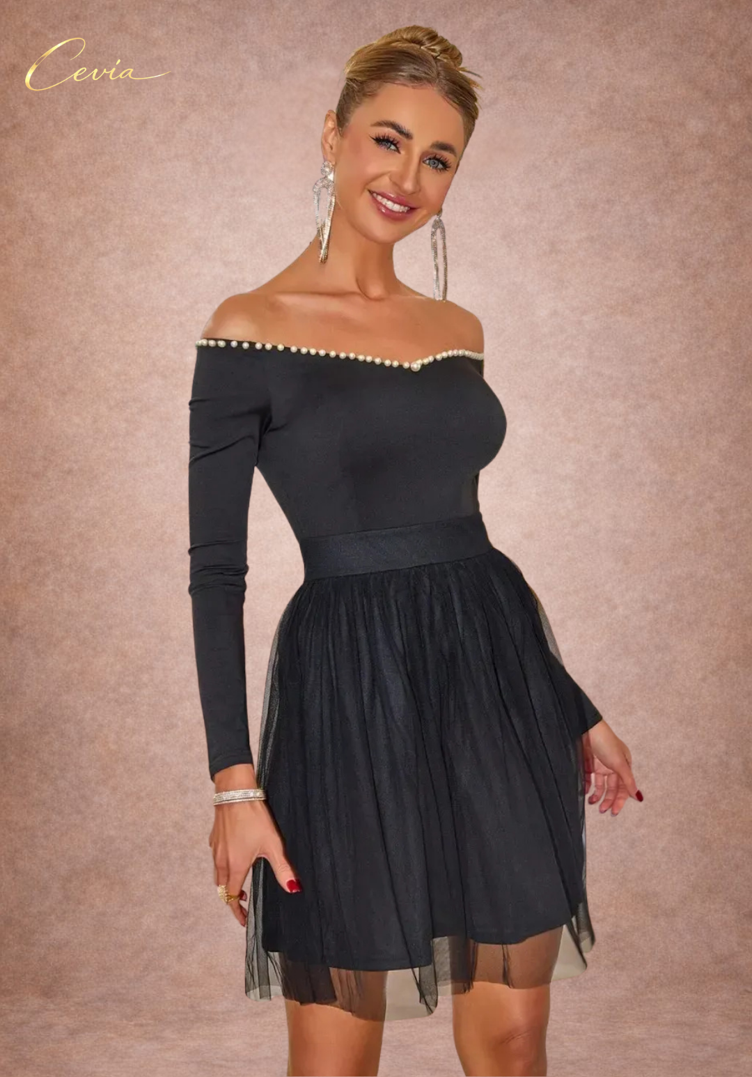 Pearl-Trim Tulle Fit-and-Flare Dress