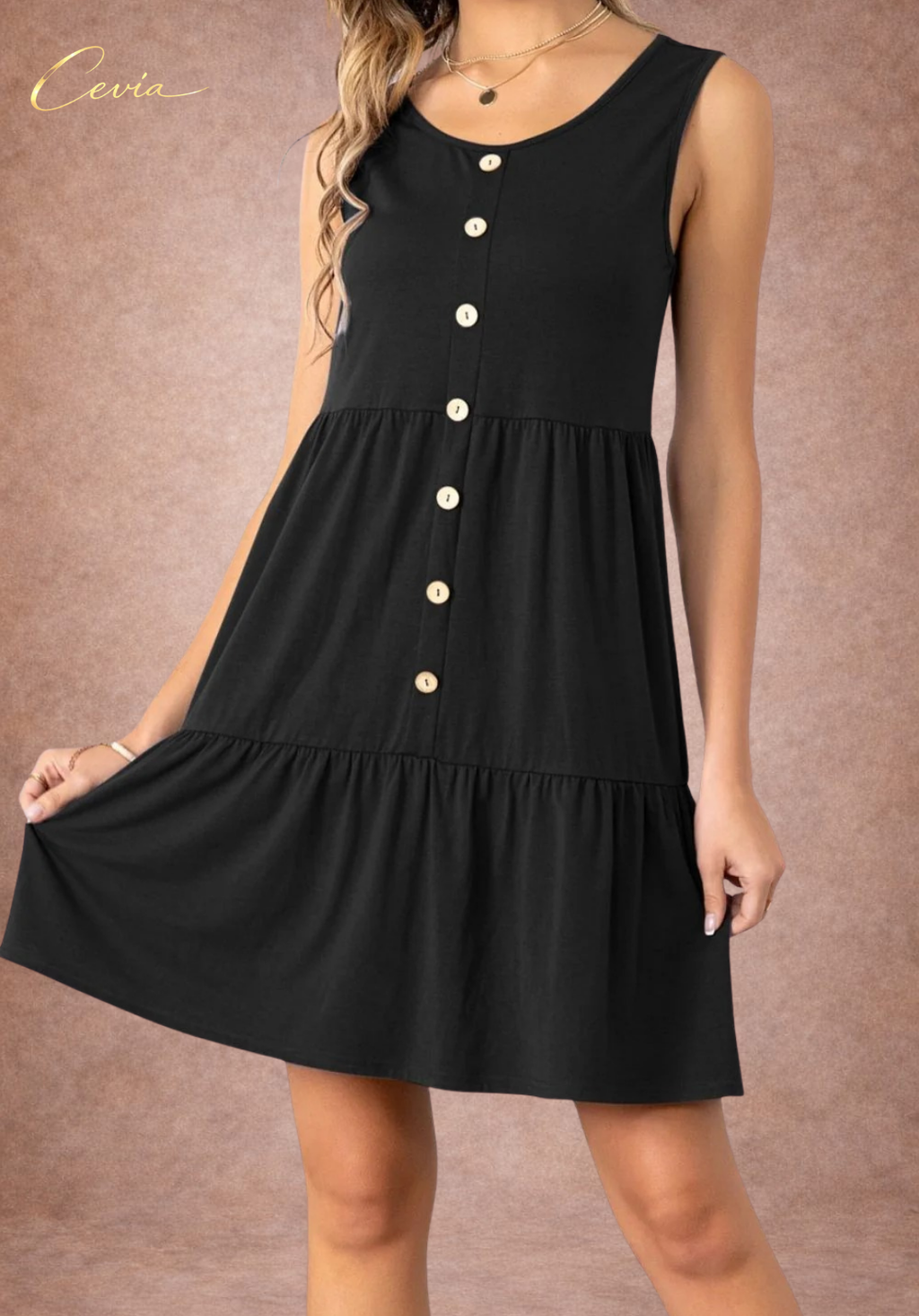 Button Front Sleeveless Tiered Dress