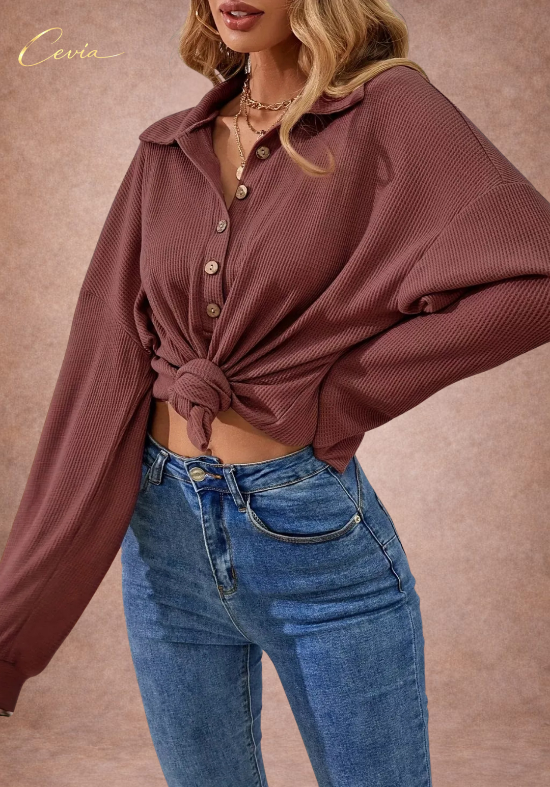 The Marvella Ribbed Button-Collar Top
