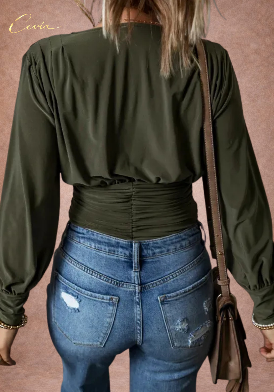 The Marveia Forest Olive Draped-Ruched Bodysuit