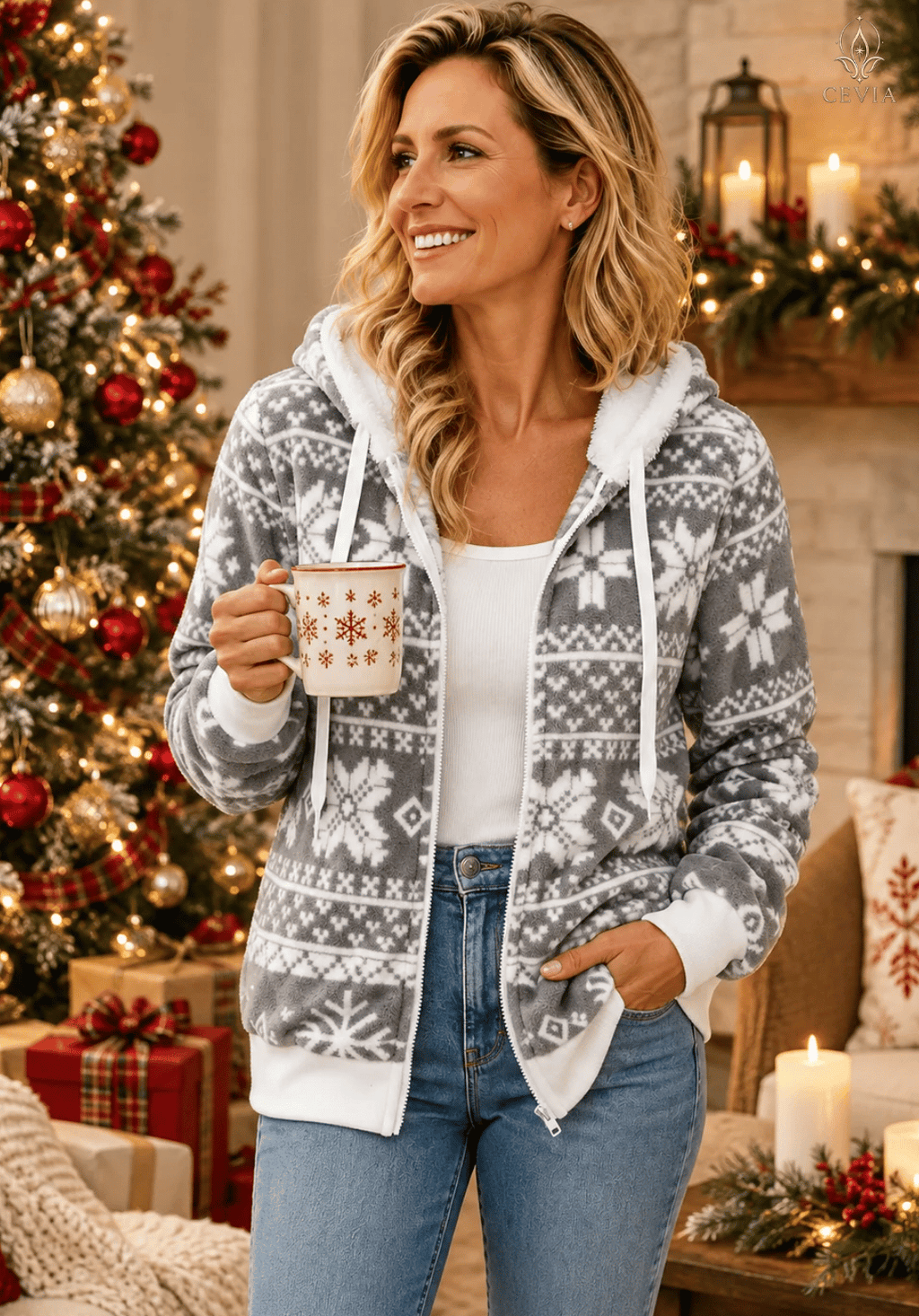 Kerst Winter Wonderland Fair Isle hoodie met rits