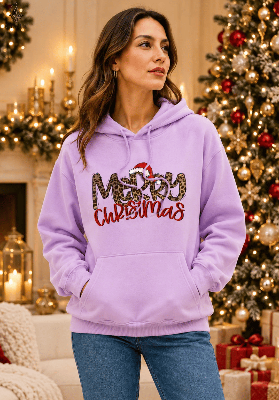Sudadera con capucha navideña de estampado leopardo