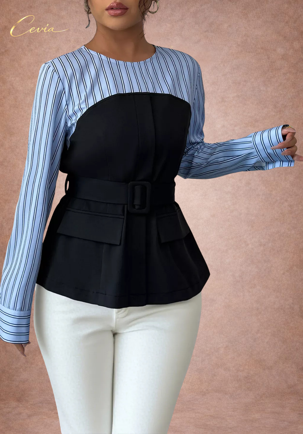 The Belmira Striped-Bodice Contrast Peplum Top