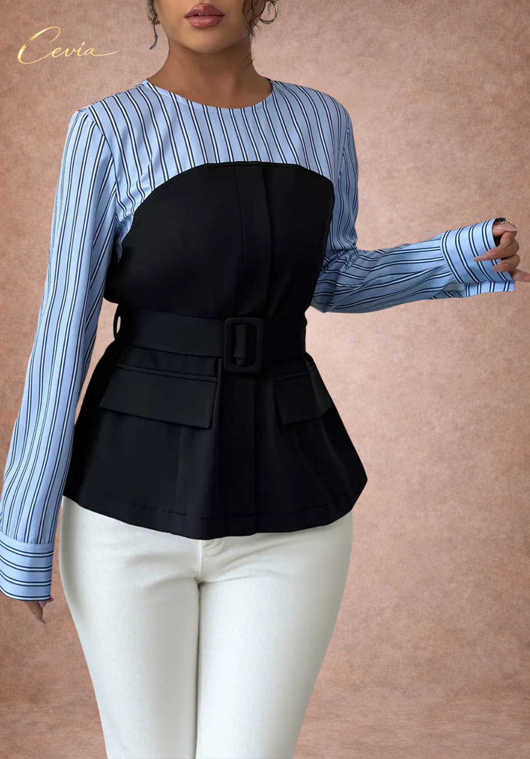 The Belmira Striped-Bodice Contrast Peplum Top
