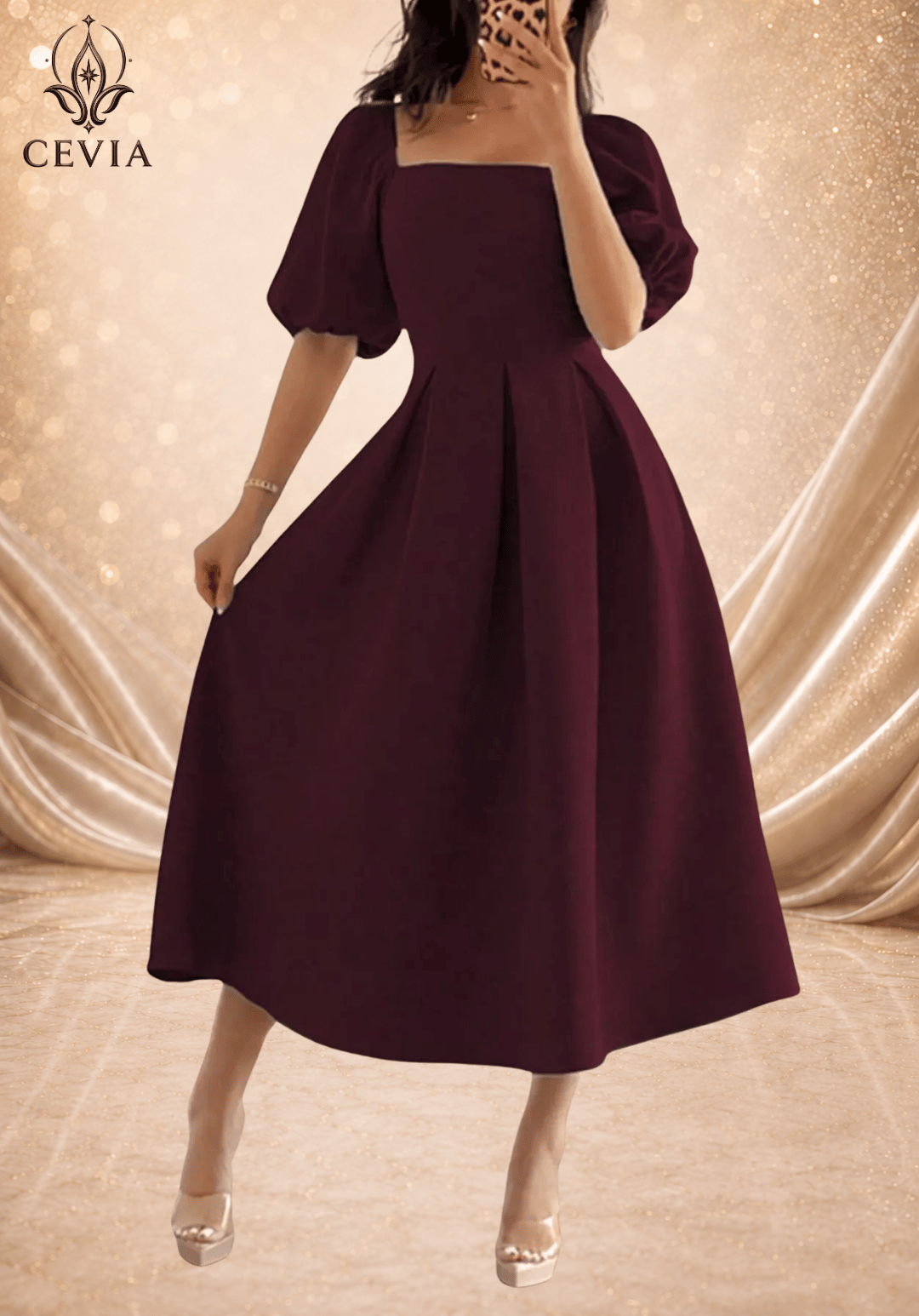 Elegant Square Neck Pleated Midi Dress
