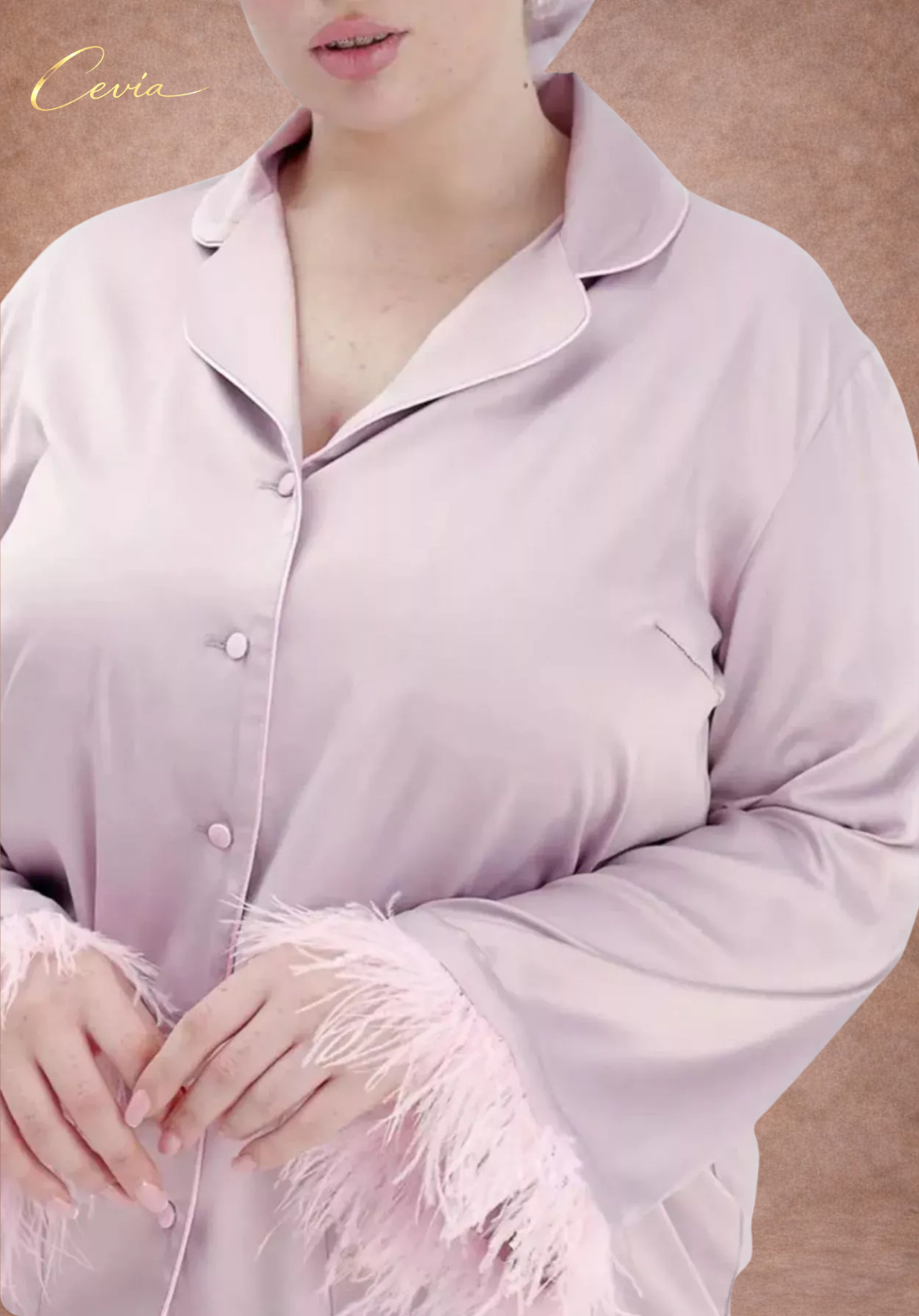 The Veloursé Plum Feather-Trim Satin Pajama Set