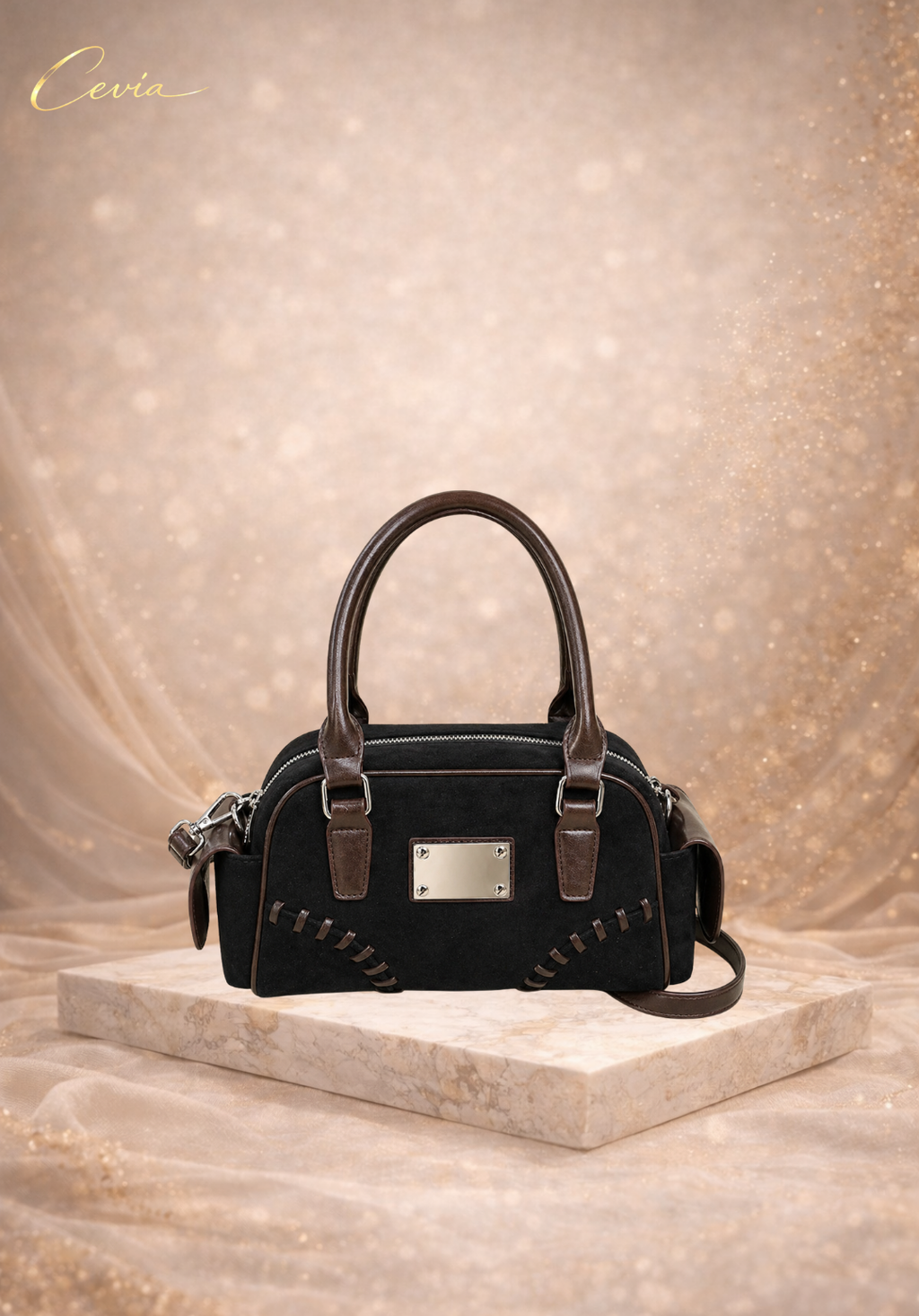 The Marcellé Noir-Suede Barrel Handbag