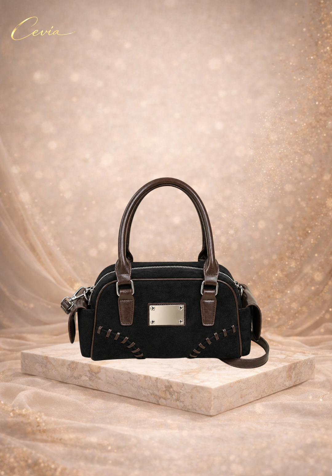 The Marcellé Noir-Suede Barrel Handbag