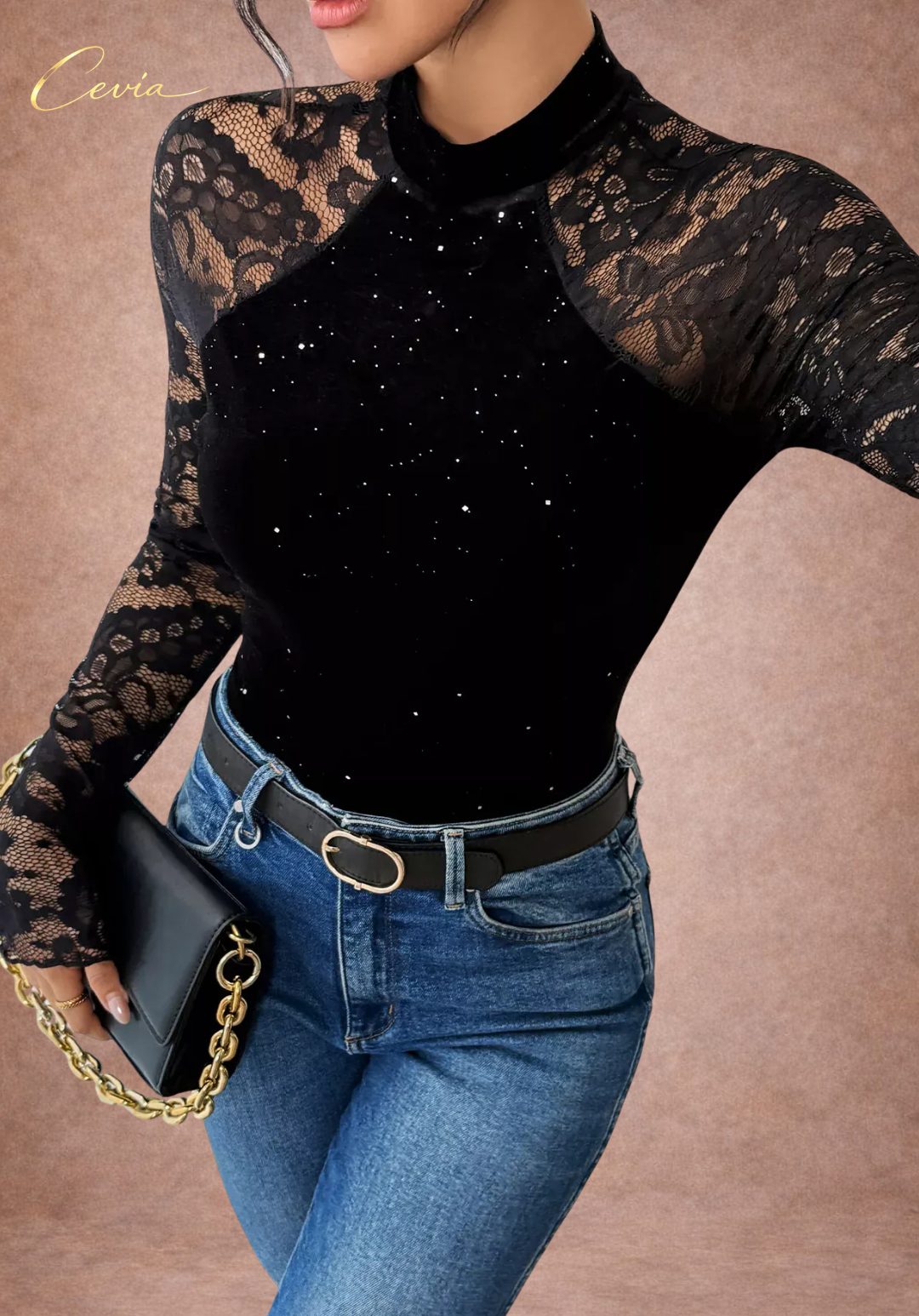 The Cerenelle Noir Lace-Illusion Bodysuit
