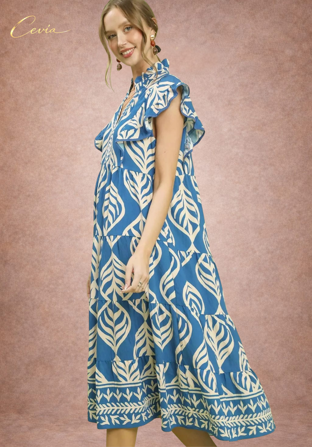 Leaf Print Tiered Midi Dress