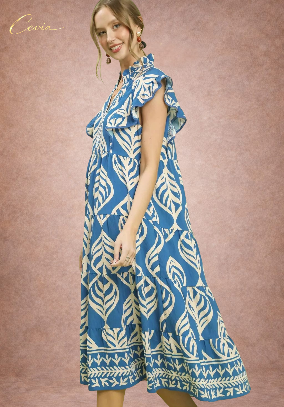 Leaf Print Tiered Midi Dress