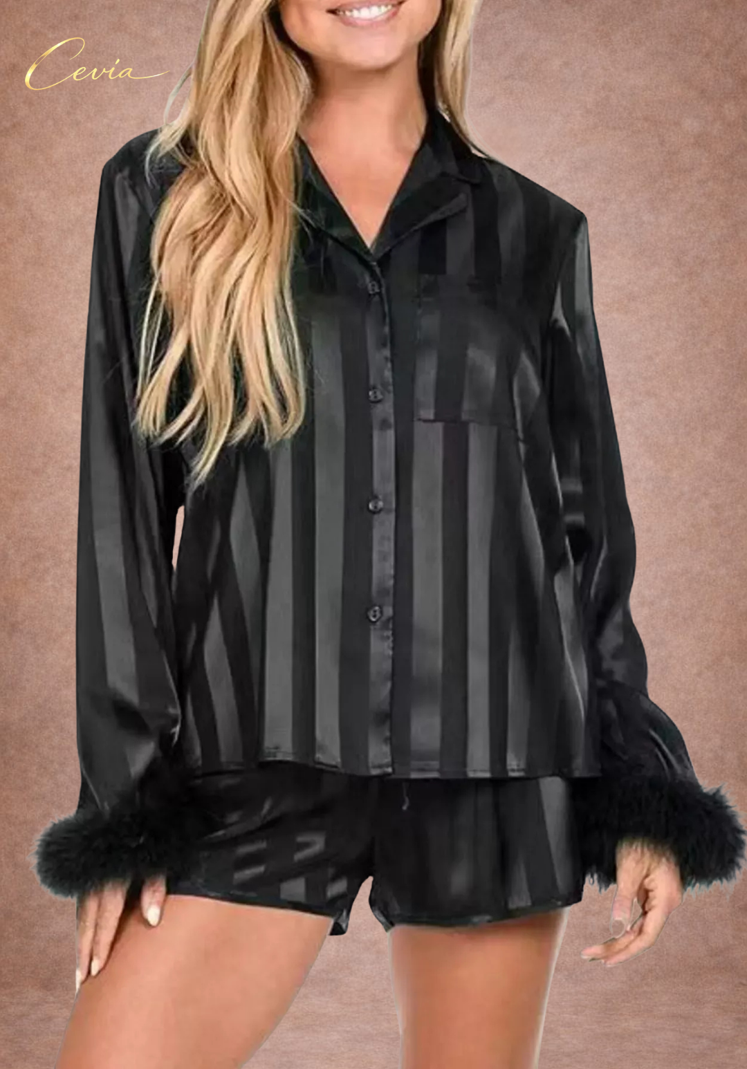 The Éclat Rouge Feathered Satin Pajama Set