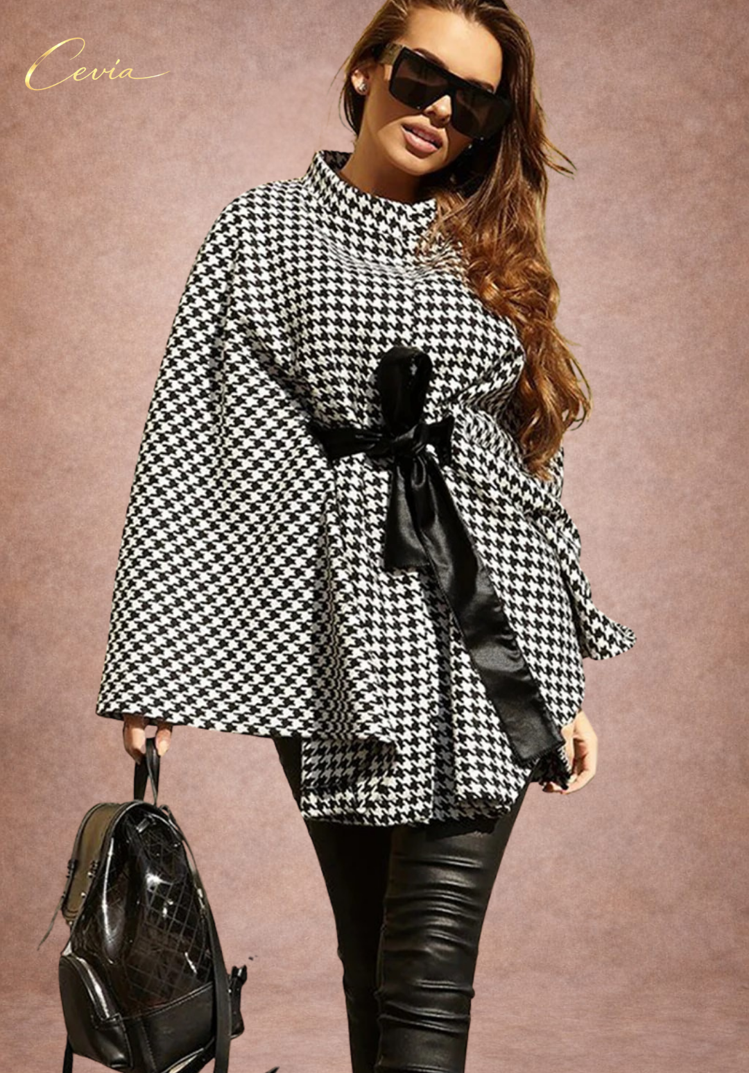 The Valoria Houndstooth Belted Cape Top
