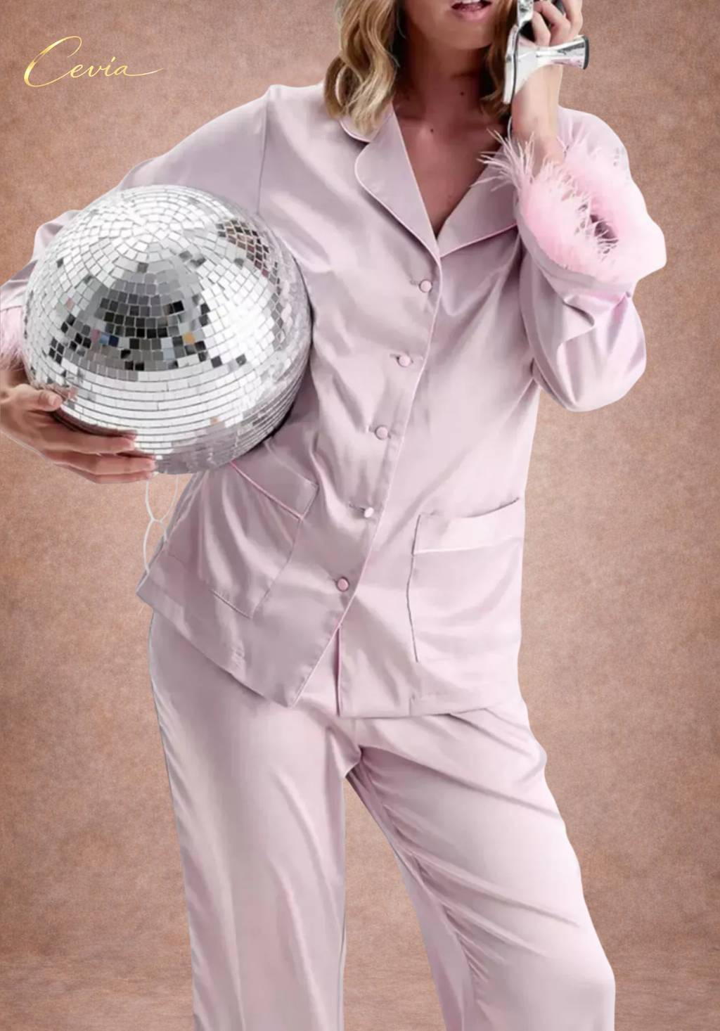 The Veloursé Plum Feather-Trim Satin Pajama Set