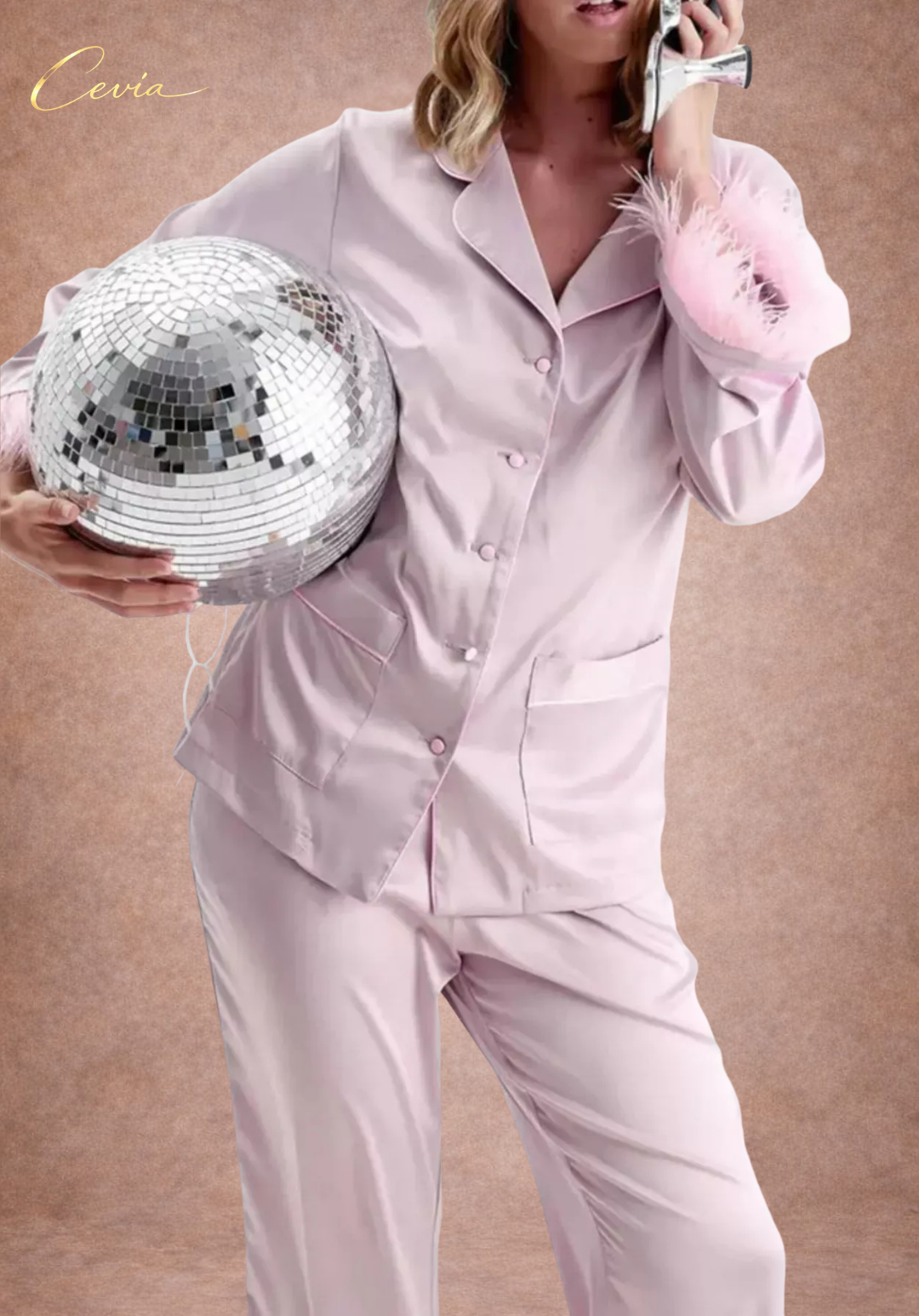 The Veloursé Plum Feather-Trim Satin Pajama Set