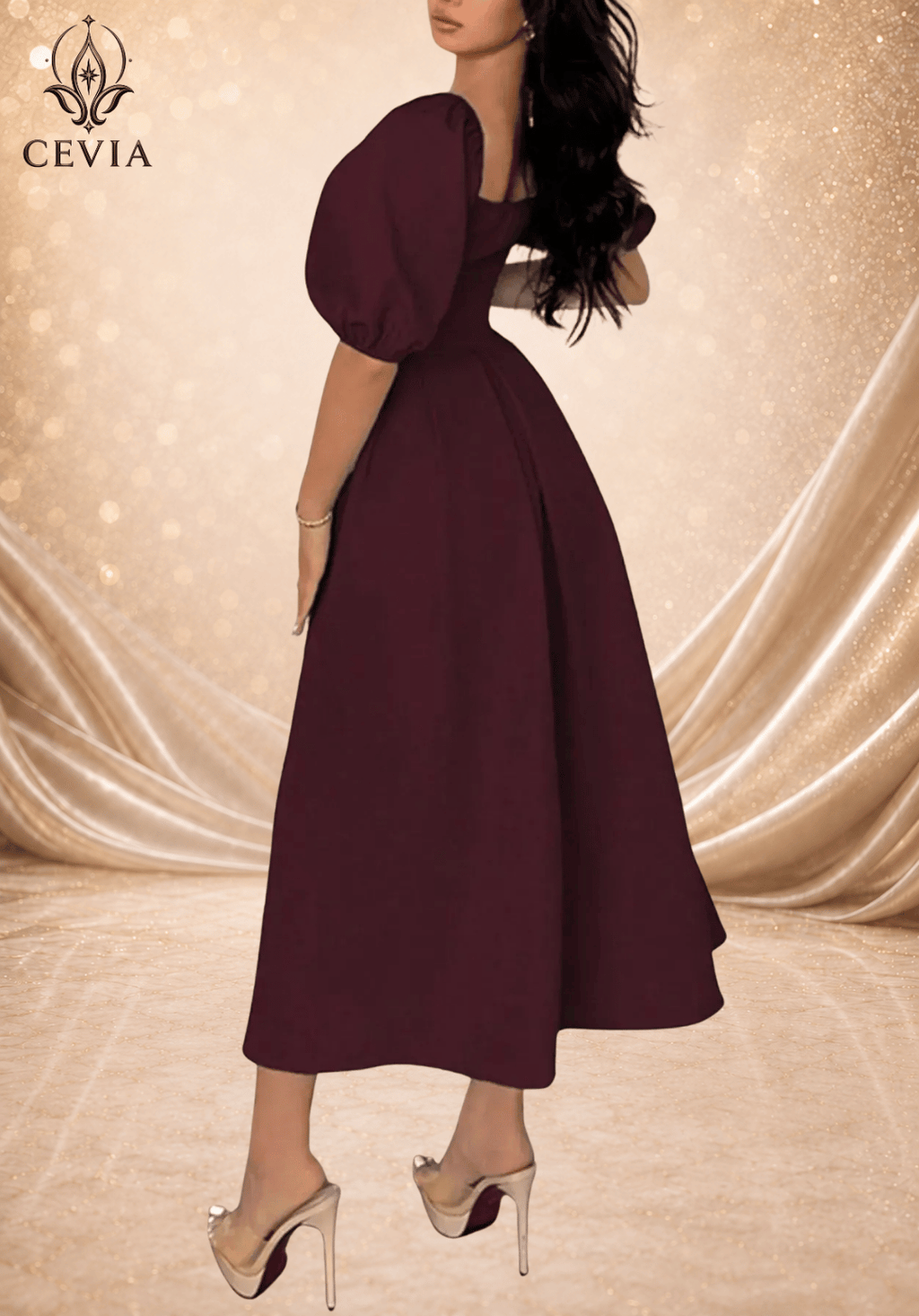 Elegant Square Neck Pleated Midi Dress