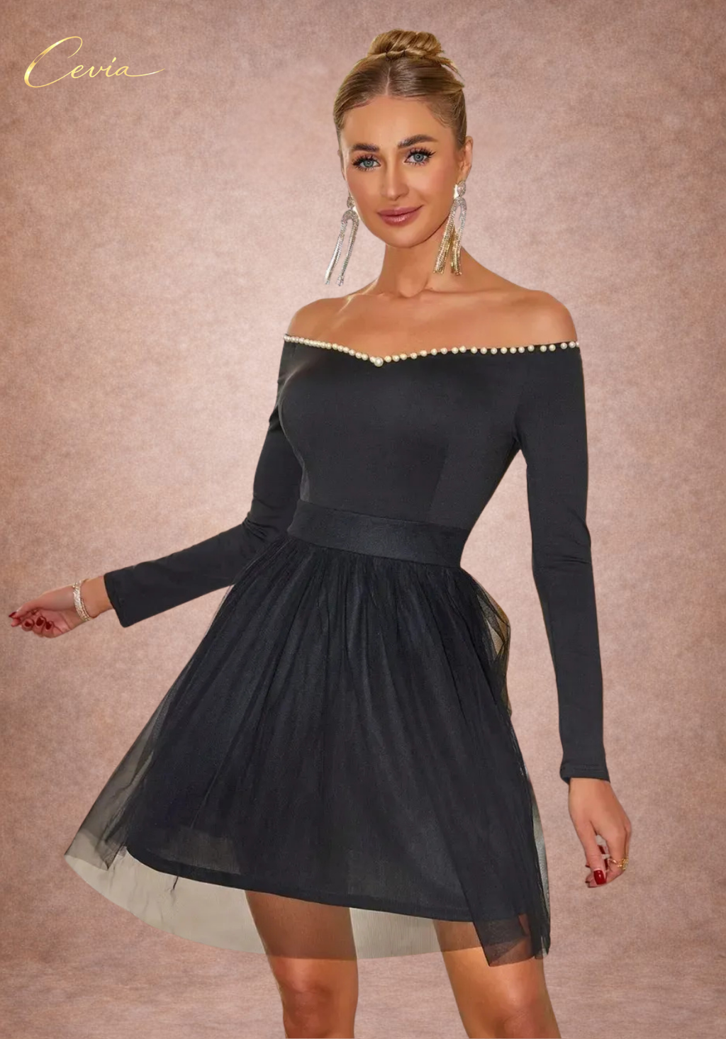 Pearl-Trim Tulle Fit-and-Flare Dress