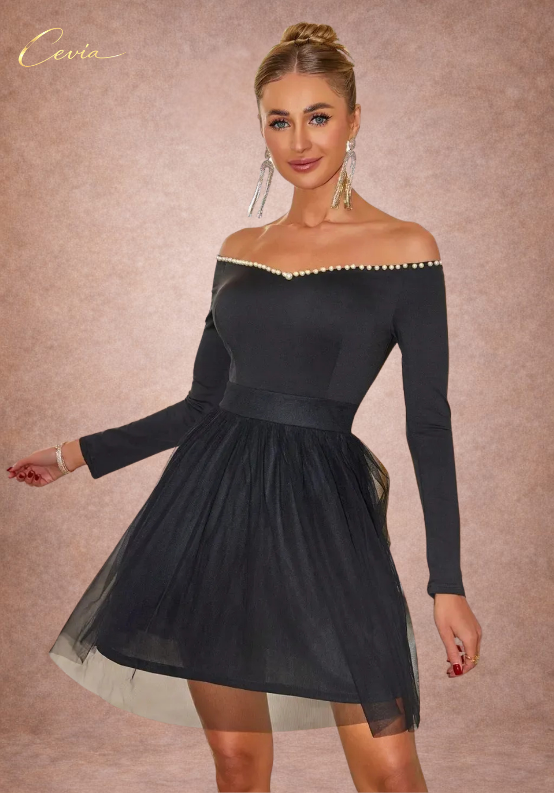 Pearl-Trim Tulle Fit-and-Flare Dress