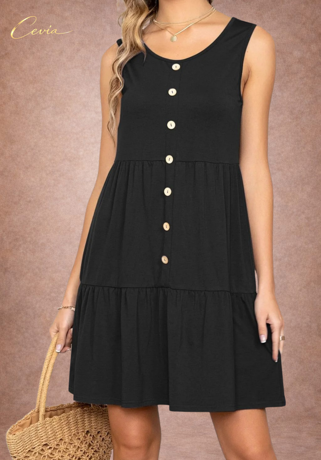 Button Front Sleeveless Tiered Dress