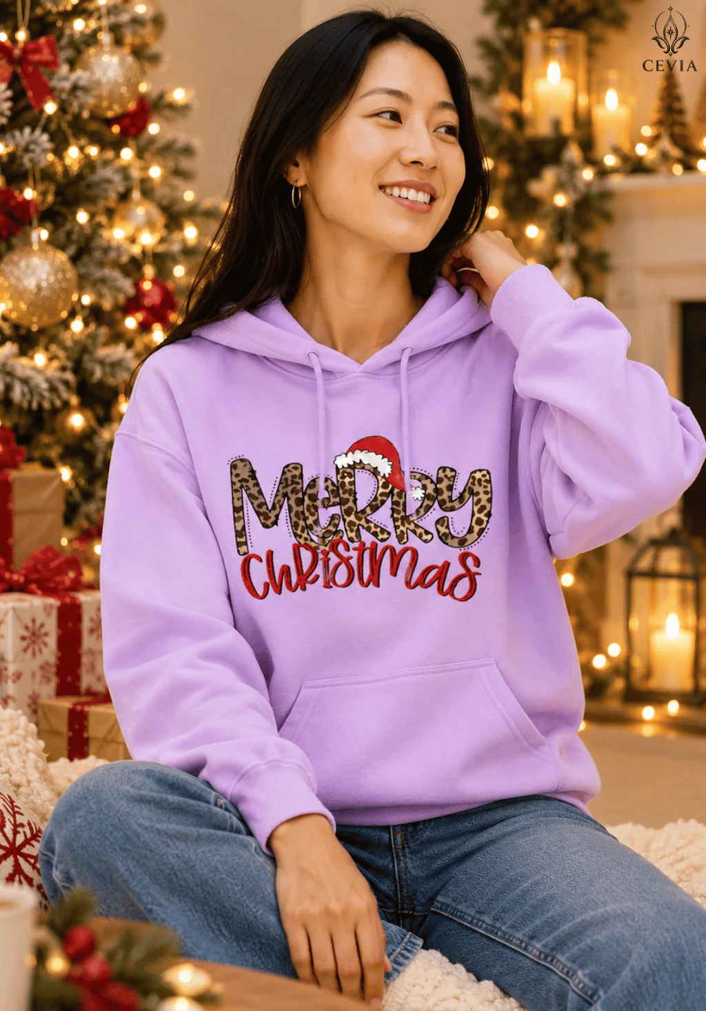 Sudadera con capucha navideña de estampado leopardo