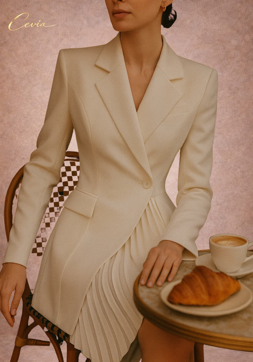 The Elanora Pleated-Asymmetry Blazer Dress — Ivory Elegance