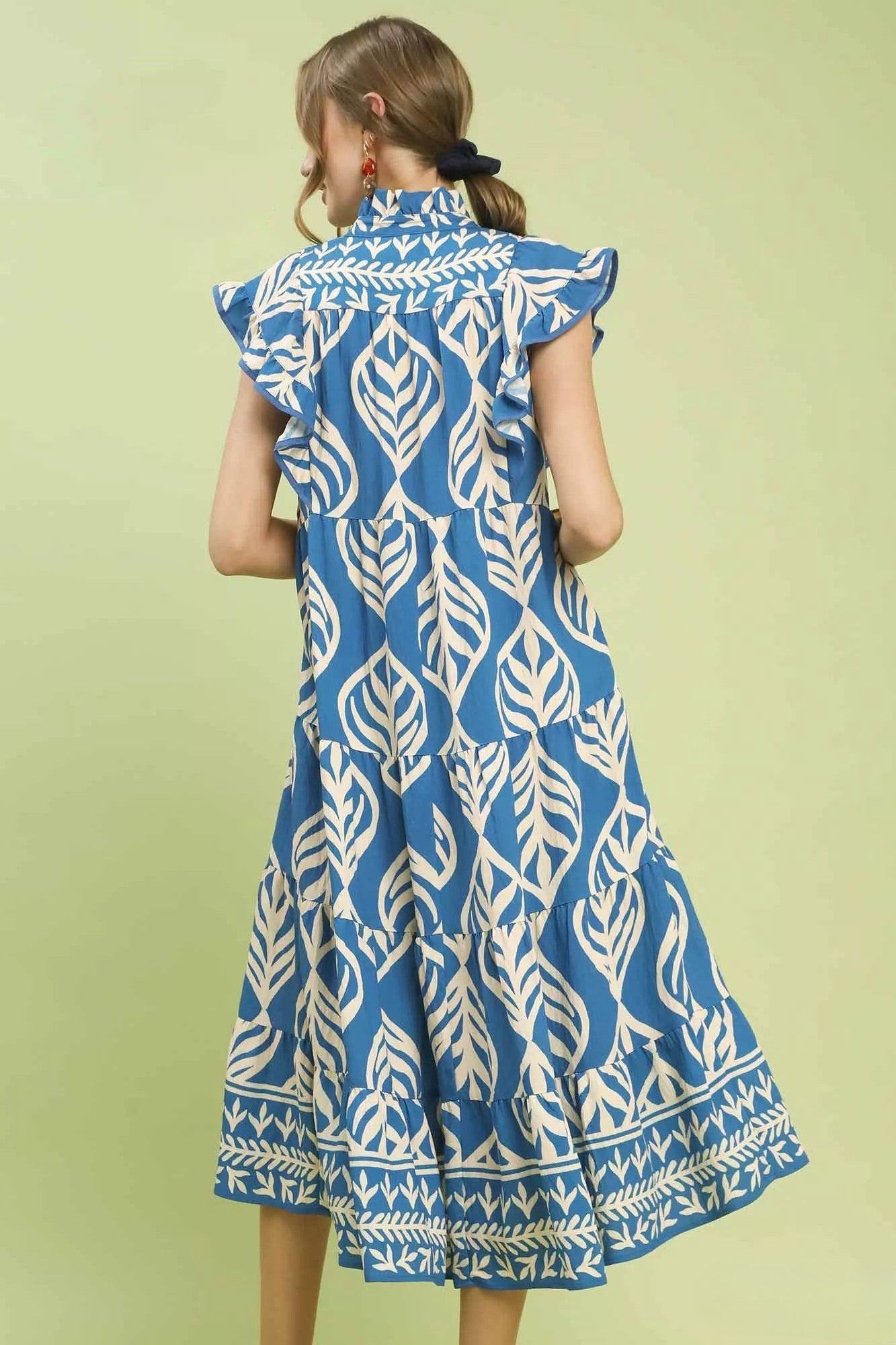 Leaf Print Tiered Midi Dress