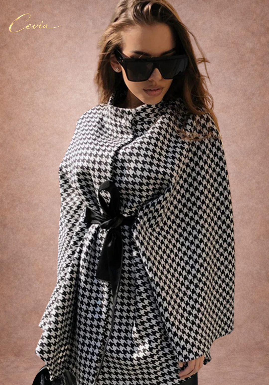 The Valoria Houndstooth Belted Cape Top
