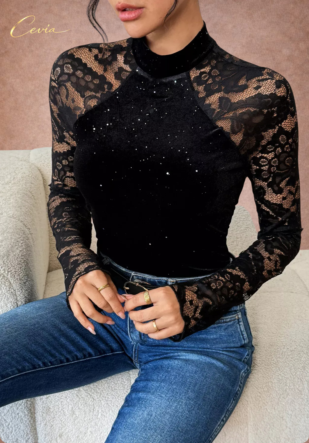 The Cerenelle Noir Lace-Illusion Bodysuit