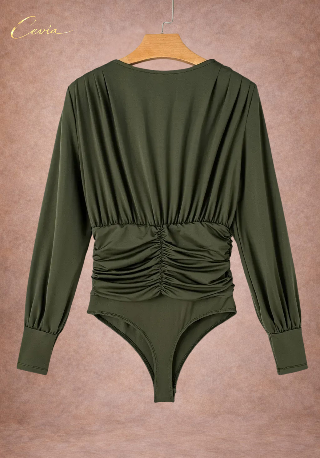 The Marveia Forest Olive Draped-Ruched Bodysuit