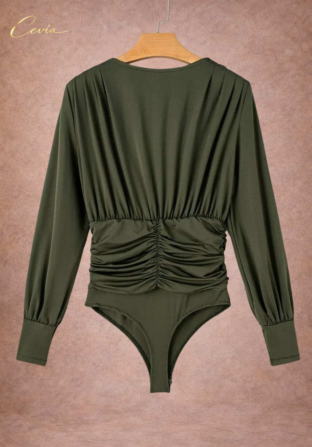 The Marveia Forest Olive Draped-Ruched Bodysuit