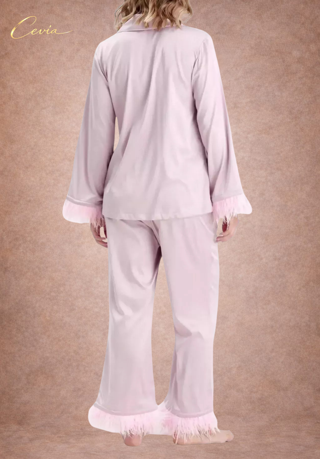 The Veloursé Plum Feather-Trim Satin Pajama Set