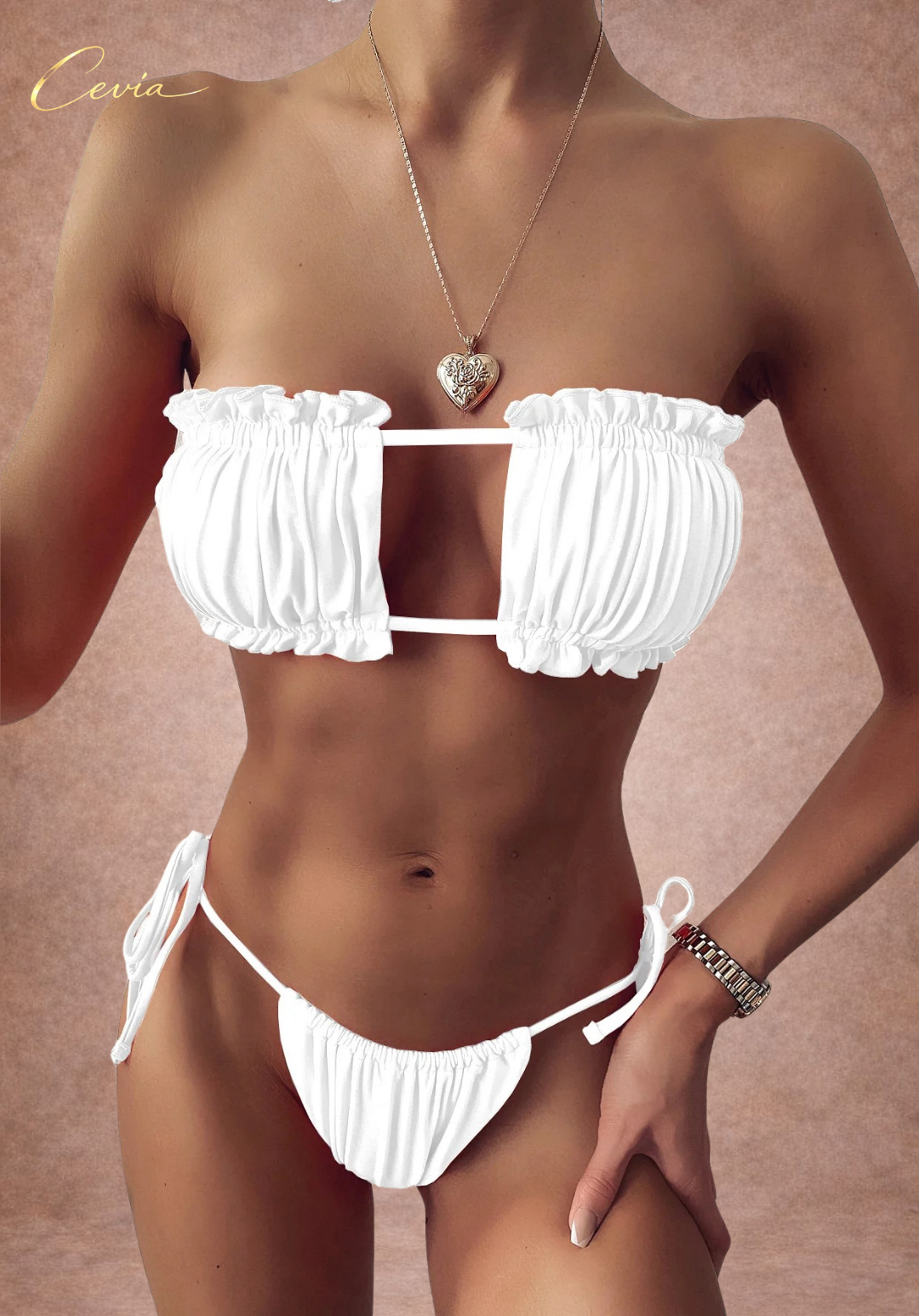 Lilac Dot Ruched Bandeau Bikini Set