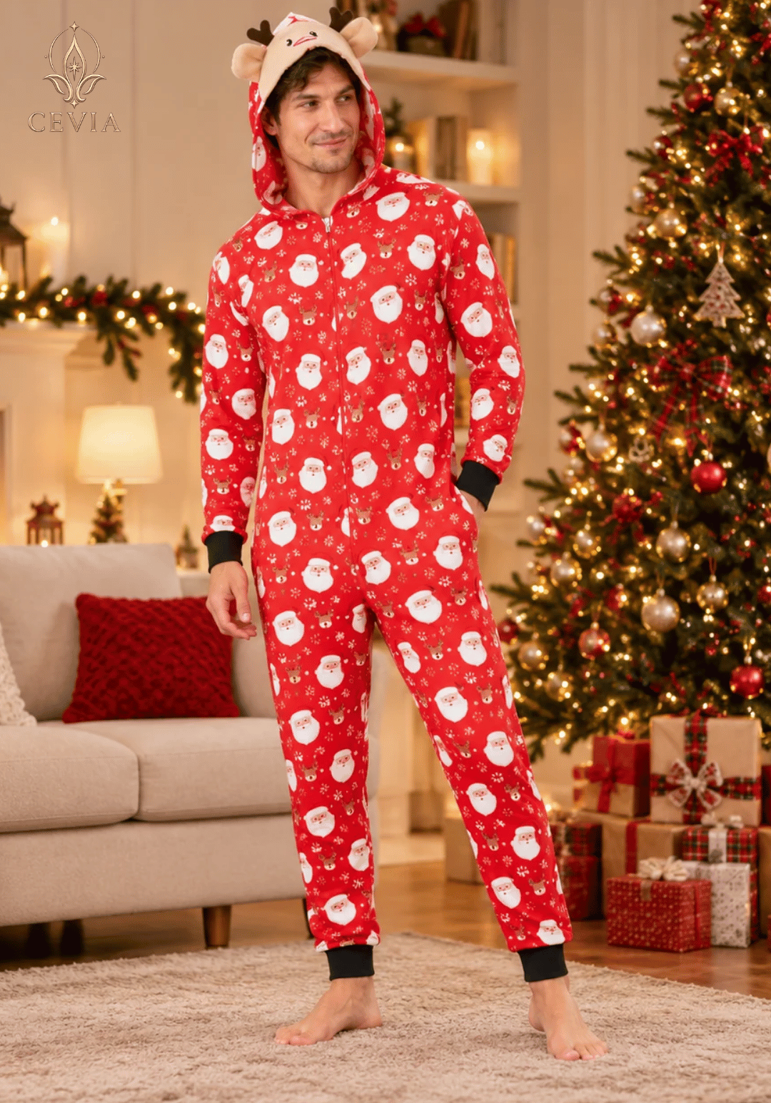 Conjuntos de Pijama Navideño Familiar a Juego con Capucha — Snowy Reindeer Magic