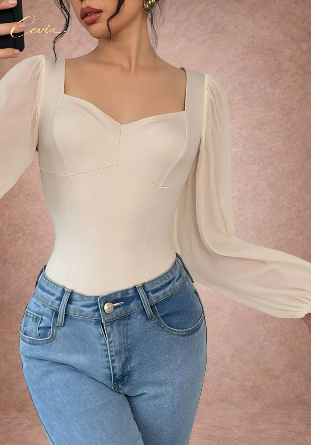 The Mariviane Sheer-Puff Contour Bodysuit – Soft Blush Elegance