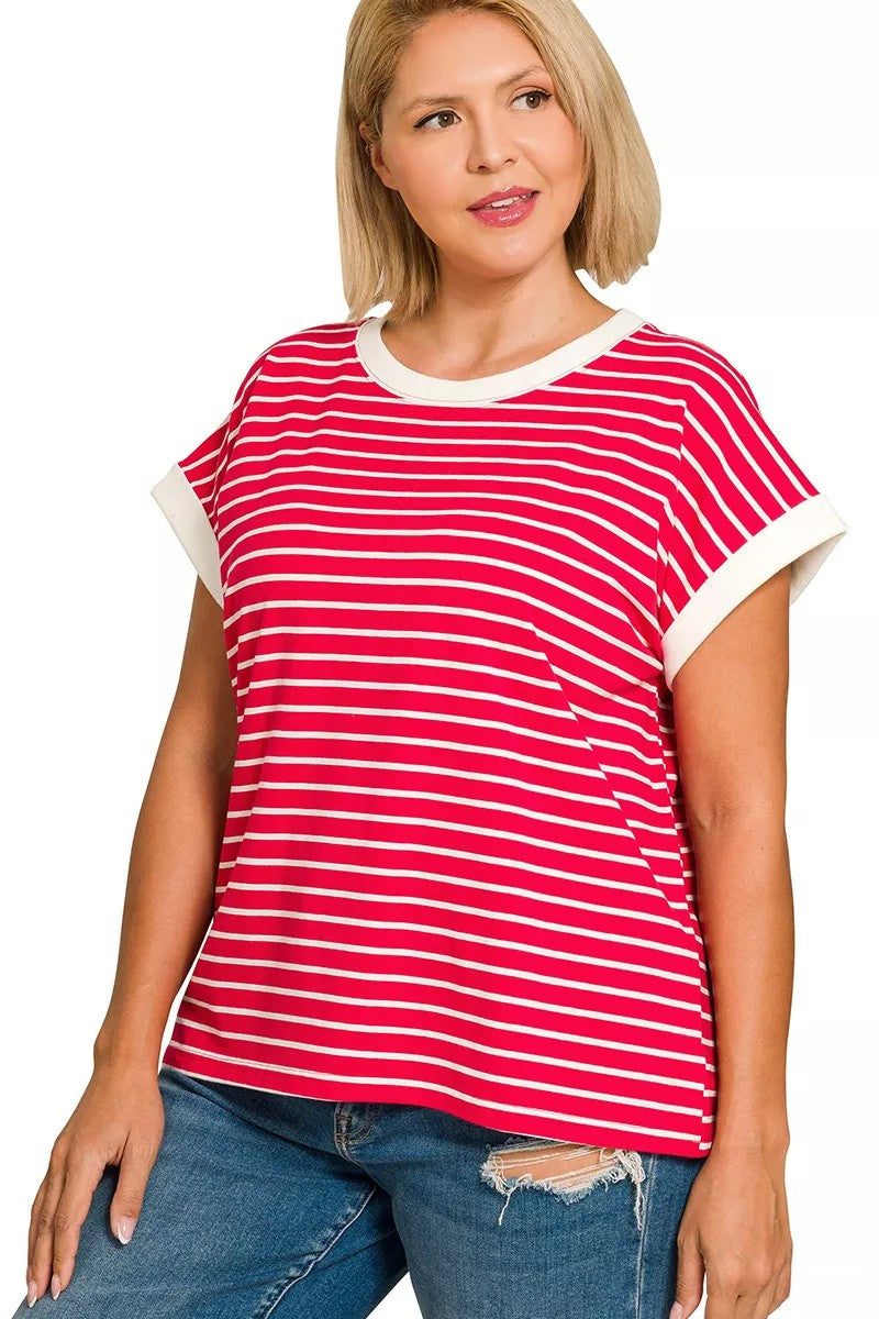 Contrast Trim Striped Cap Sleeve Tee