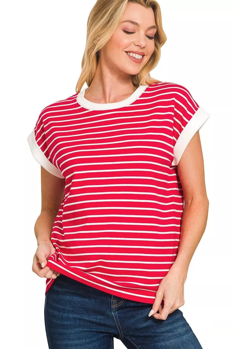Contrast Trim Striped Cap Sleeve Tee