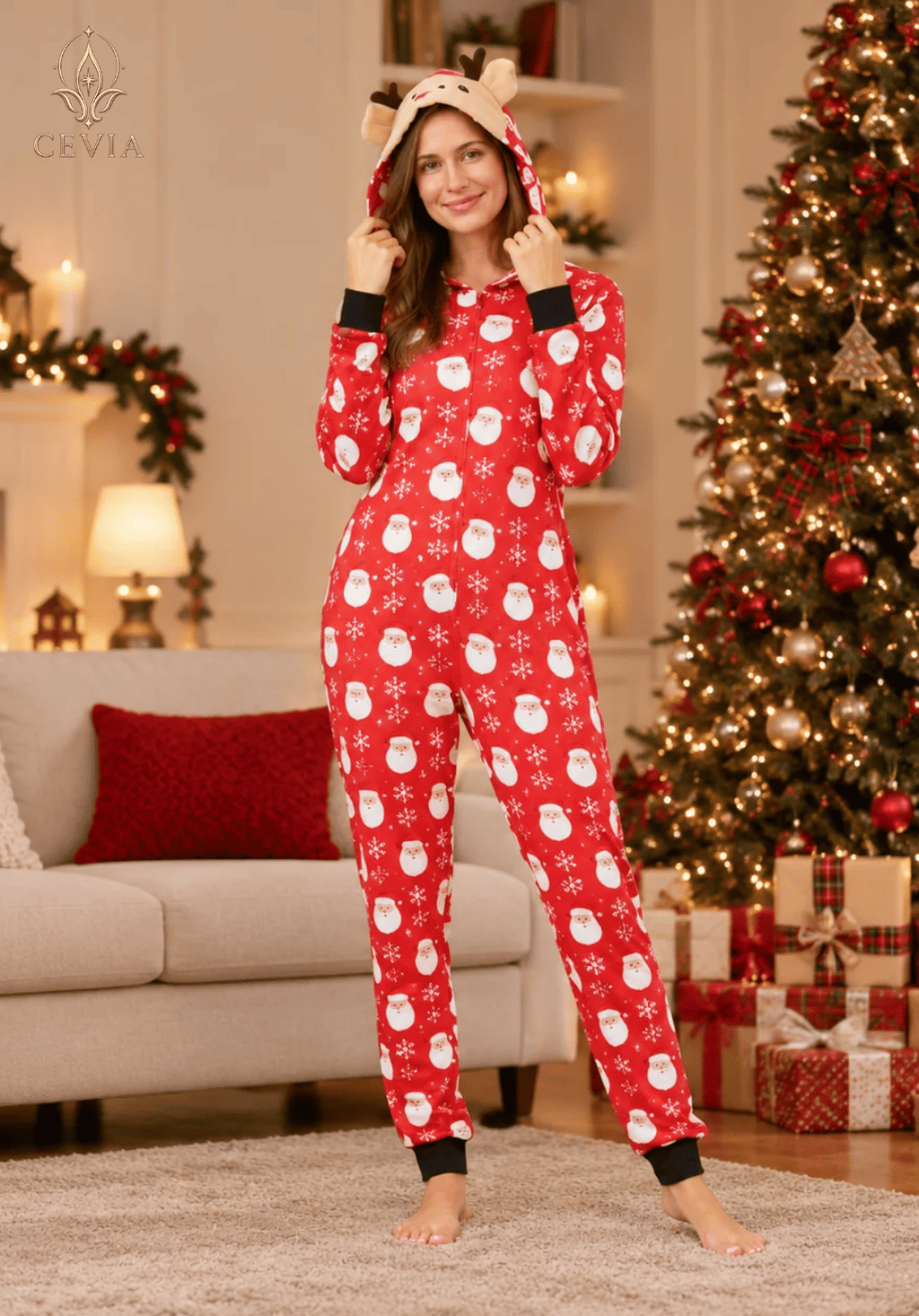 Conjuntos de Pijama Navideño Familiar a Juego con Capucha — Snowy Reindeer Magic