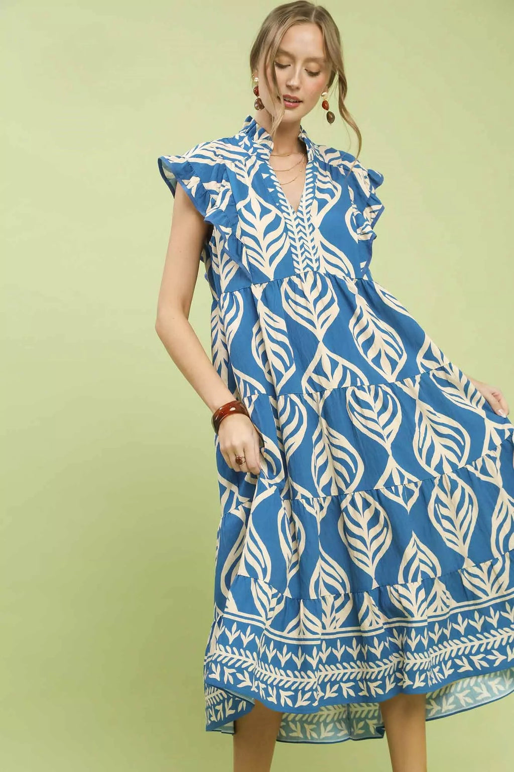 Leaf Print Tiered Midi Dress