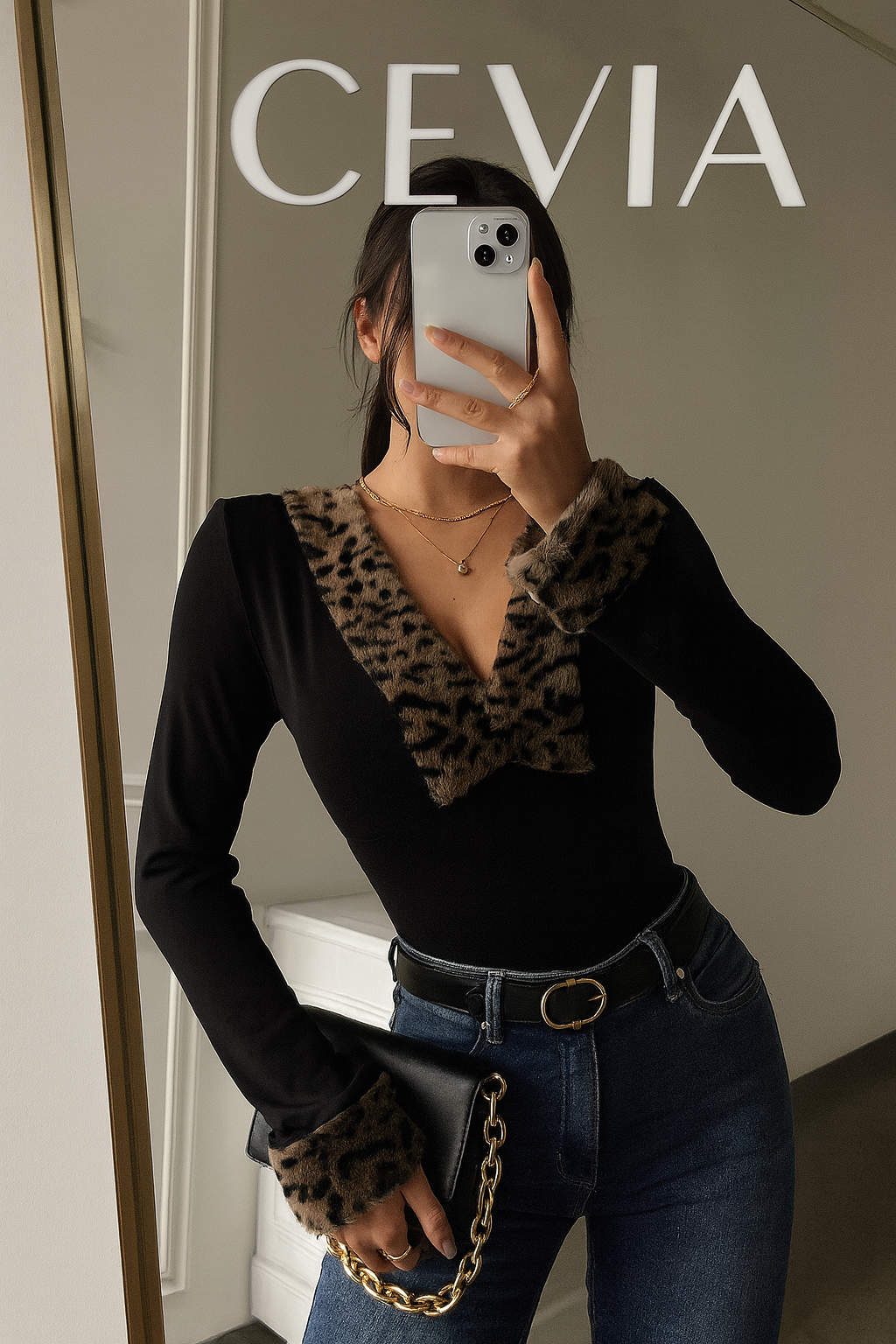 The Léonelle Velvet-Luxe Leopard Trim Bodysuit