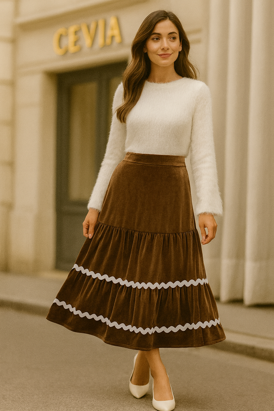 🍂 Velvet Tiered Elegance Midi Skirt ✨