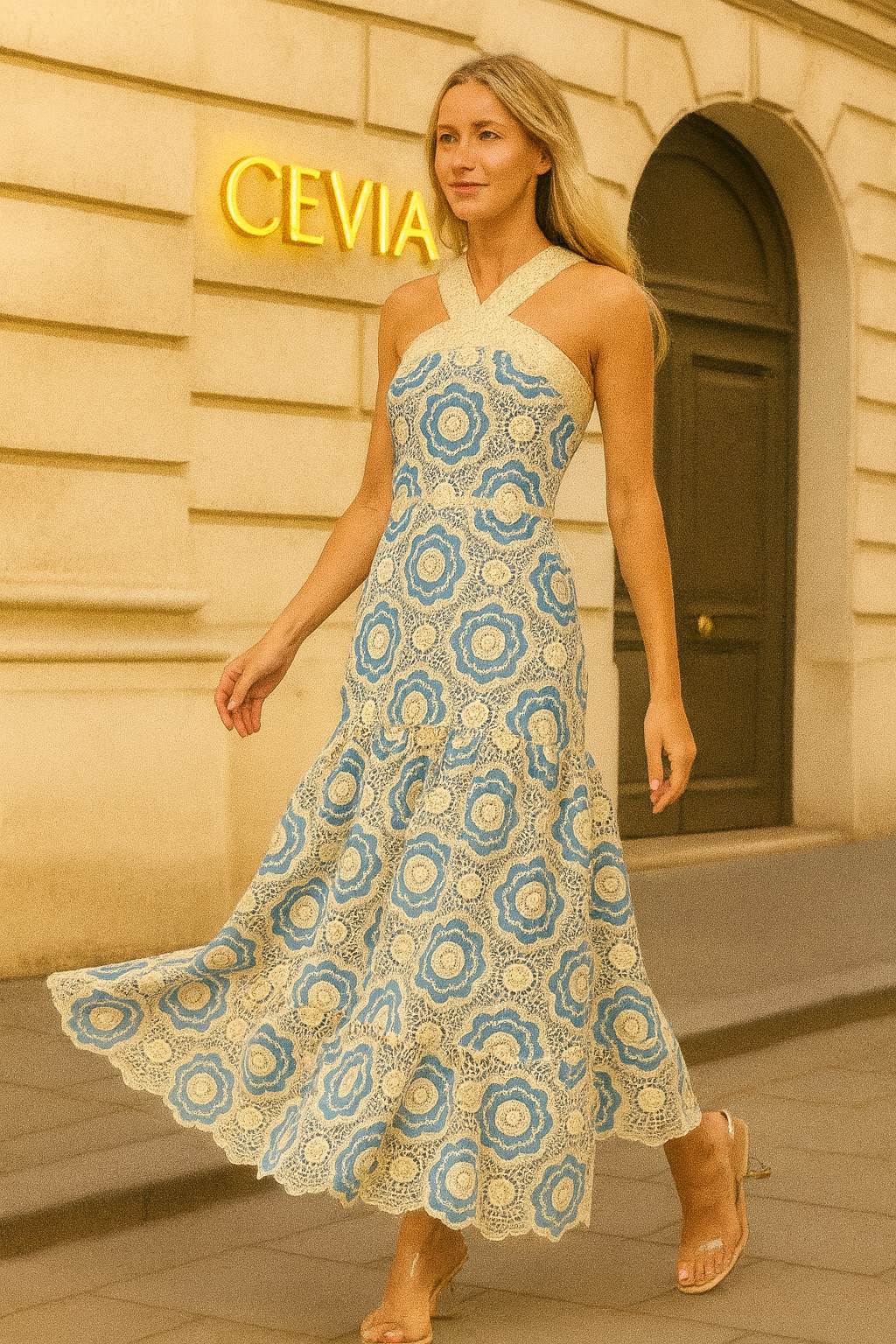 The Elowyn Lace-Bouquet Halter Maxi Dress