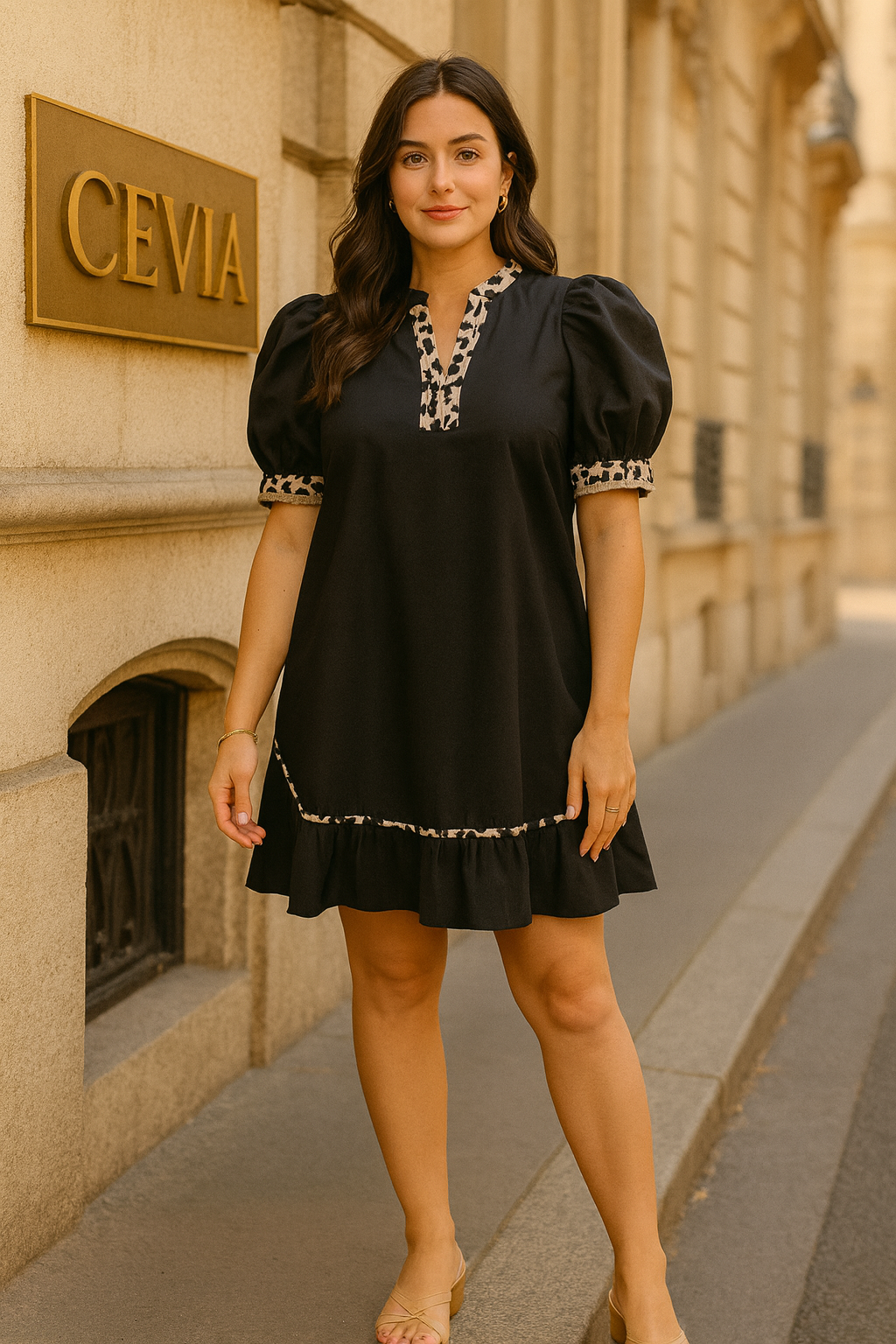The Marvella Contrast-Trim Puff-Sleeve Dress