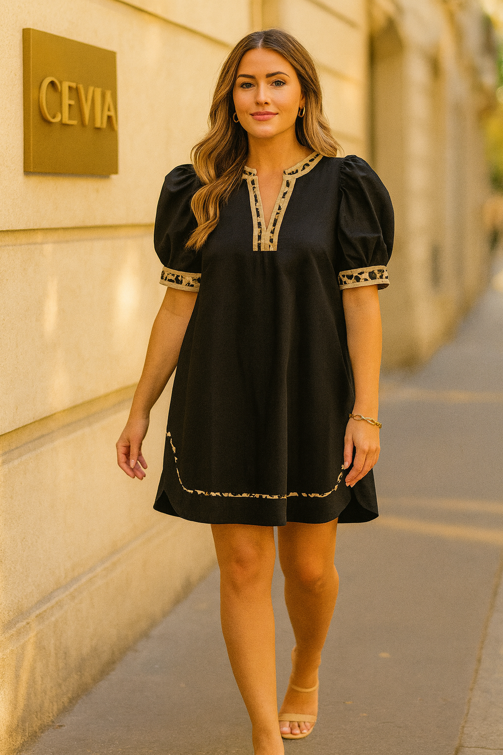 The Marvella Contrast-Trim Puff-Sleeve Dress